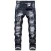 Jeans pour hommes noir déchiré hommes mode Stretch Slim Fit pantalon rétro Patch plissé jambe droite homme casual Denim pantalon Streetwear