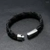 Bangle Fashion Men Black Leather Stainless Steel Magnetic Clasp Charm Wristbands Vintage Braided Wrap Punk Jewelry