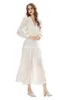 Women's Runway Dresses V Neck Long Sleeves Embroidery Lace Piping Elegant Fashion Prom Vestidos