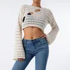 Women's Sweaters Women's Y2k Knit Cropped Top Crochet Cutout Long Sleeve T Shirt Summer Sun Protection Breathable Patch Shorts