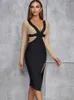 Vestidos casuales Negro Khaki Patchwork Bodycon Mujeres Vendaje Vestido elegante V Cuello Sin espalda Split Moda Celebrity Club Midi Vestido de fiesta