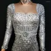 Stage Wear Sparkly Pearl Rhinestones Dress Women Birthday Celebrity Prom Party Night Outfit Long Sleeve Graceful Bodycon Dresses