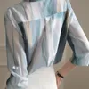여자 블라우스 셔츠 여자 스트라이프 인쇄 여성 느슨한 패션 탑 레이디 롱 슬리브 스타일 포켓 스트리트웨어 a02women 's
