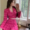 Two Piece Dress Spring Small Fragrance Vintage Tweed Set Women Crop Top Short Blazer Mini ALine Pleated Skirts 2 Suits 230222