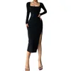 Casual Dresses Women Dress With Side Slit Elegant Solid Color Long Sleeves Square Collar A-line For Party 2023