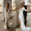 Hochzeit Kleid 2023 Sexy Arabisch Meerjungfrau Satin Kleider Tiefem V-ausschnitt Langarm Vorne Split Böhmischen Brautkleider Vestidos De novia