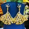매달린 귀걸이 Godki Romantic Trend 반짝이는 노란색 Cz 드롭 입방 지르코니아 여성 결혼식 유행 Bijoux 고품질