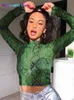 Women's T-Shirt Casual Green Snake Print T Shirt Women Mesh Top Long Sleeve Transparent Snakeskin Female T-shirt High Neck Crop Tops 022223H