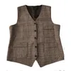 Mäns västar herrar passar västar män brun svart midja väst man plåt steampunk jacka randig tweed vneck smal fit gilet bröllopskläder 230222