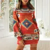 Повседневные платья Женские осенние и зимние упаковки Hip Mini Dress Western Ethnic Print Bohemian Skinny с длинным рукавом