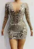 Stage Wear Sparkly Sequined Long Sleeve Short Dress Women Rhinestones Birthday Celebrate Party Mesh Transparent Sexy Club