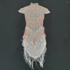 Sahne Giyim Artı Boyut Yaz Seksi Parıltılı Kristal Bodycon Elbise Kulüp Elbise Yarı Yolcu Saçak Eşsiz Tasarım Dans Kostümleri Kıyafet