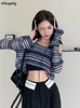 Damskie Knits Tees Striped Sun Shirt Spring Sexy Ladies Crop Tops Design Fashion Korean Style Casual All Match Thin Street Wear 230222