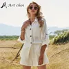 Damen Zweiteilige Hose Sommer Strand Freizeit Knopf Weißer Anzug Baumwolle Leinen Zweiteiliges Langarmshirt Shorts Outfits 230222