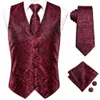 Coletes masculinos hitie Burgundy Paisley Floral Silk Slim Coloque Gareteira Conjunto para Vestido Casamento de Dresses 4pcs Vesto Hanky ​​Bufflink 230222