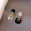S3463 Asymmetrical Black White CrystalLetter Clover Geometric Dangle Earrings For Women S925 Silver Needle Stud Earrings