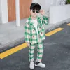 Kleidung Sets 2020 Herbst Neue Mode Jungen Anzüge Für Party Kinder Grüne Jacke Hose 2 Stück Kleidung Sets Kinder Formale Blazer karierten Anzug W0222