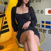 Casual Dresses 2023 Autumn Women's Lantern Long Sleeve Square Collar Shows Chest Hip Dress Fashion High Waist Short Skirt