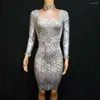 Stage Wear Sparkly Pearl Rhinestones Dress Women Birthday Celebrity Prom Party Night Outfit Long Sleeve Graceful Bodycon Dresses