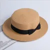 Wide Brim Hats Lady Boater Sun Caps Ribbon Round Flat Top Straw Fedora Panama Hat Summer For Women Snapback Gorras HatsWide