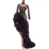 Casual Dresses Luxury Purple Court Asymmetric Ruched Dress Sexy Crystal Rhinestone Long For Wedding Party Woman Dance Stage Costumes