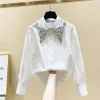 Bluzki damskie koszule Wysokiej jakości perły diamenty kołnierz biała koszula Kobiety Topy Młjer Spring Ol Elegant Bluzka Tops Camisas Mjer 230222