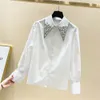 Women's Blouses Shirts High Quality Pearls Diamonds Collar White Shirt Women Tops Mujer Spring Arrival OL Elegant Blouse Tops Camisas Mujer 230222