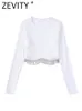 Women's Blouses Shirts Zevity Women Fashion O Neck Black White Color Knitting Short Blouse Female Hem Diamond Tassel Slim Shirt Chic Blusas Tops LS1899 230222