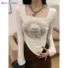 Kadın T-Shirt Karram Kedi Baskılı Uzun Kollu Mahsul Üstler Kadın Seksi İnce Kare Yaka Düzensiz T-Shirt Sonbahar Şık Tasarım Sokak Giyim Harajuku 022223H