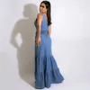 Ethnische Kleidung Kein Gürtel Party Denim Kleid Mode Sexy V-Ausschnitt Afrikanische Kleider für Frauen Ärmellos Knopf Blau Maxi Robe Sommer Vestidos