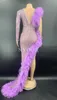 Stage Wear Sexy Argent Strass Violet Maille Transparent Longue Robe Anniversaire Célébrer Soirée Haute Split Femmes Tenue De Fête