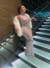 Stage Wear Sexy Mesh Celebrate Evening Wedding Prom Gown Birthday Dress Pograph Sparkly Silver Sequins Rhinestones Sleeveless