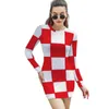 Sıradan Elbiseler Hırvatistan Kırmızı Satranç Tahtası Sonbahar ve Kış için Uzun Kollu Elbise Stili Kadın Cep Beyaz Kareler
