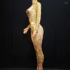 Stage Wear Sparkly Rhinestones Pearls Jumpsuit Jaze Dance Costume Sexy Nude Stretch Beading Bodysuit Birthday Party Outfit