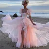 Sexy bébé rose Organza robes De bal manches courtes bouffantes volants fente femmes soirée robes formelles Vestidos De Fieast 2023