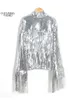 Kvinnorjackor Kvinnor Tassel Sequin Jacket Summer Autumn Streewear Rock BF Retro Långärmad silver Reflective Jacket Women Outwear Tops 230222