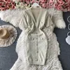 Casual Dresses Women's Knitted Dress 2023 Summer Temperament French Slim Single Breasted Short Sleeve Deep V-Neck Mid-Length Bodycon