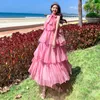 Robes décontractées Style français Vacances Super Fée Volants Robe à bretelles Femmes Été Suspendu Cou Haut de gamme Rose Vacances Femme