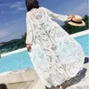 Damen Bademode 2023 Kleid Strand Weiße Spitze Sommer Maxi Frauen Langarm Cover Up Sexy Durchsichtig Boho Bikini Beachwear Cover-ups