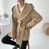 Damenjacken Comelsexy Herbst Winter OL Elegante Frauen Faux Wollmäntel Solide Strickjacke Minimalistischer Kapuzenwollmantel Übergroße Outwear mit Gürtel 230222