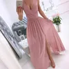 Robes décontractées femmes robe solide col en V élégant fendu grand ourlet long pour la soirée de mariage sexy col en v maxi robe vintage