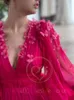 Party Dresses Pink Prom Dress Floral Chiffon Puffy Full Sleeves V Neck Pleats High Slit Evening Gown Women Custom made 230222