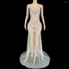 Stage Wear Sexy Mesh Transparent Celebrate Evening Prom Gown Birthday Dress For Women Sparkly Rhinestones Blackless Festival Outfit