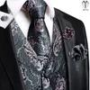 Men's Vests Hi-Tie High Quality Silk Mens Vests Pink Gray Floral Waistcoat Tie Hanky Cufflinks Brooch Set for Men Suit Wedding Office Gift 230221