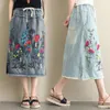 Skirts Vintage Embroidered Denim Skirt Large Size Women Korean Fashion Clothes Loose Casual Elastic Waist Jeans Saia F1209