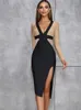 Lässige Kleider Schwarz Khaki Patchwork Bodycon Frauen Bandage Elegantes Kleid V-Ausschnitt Rückenfrei Split Fashion Celebrity Club Midi Partykleid