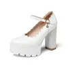 Dress Shoes Rhinestone metalen gesp zoete hoge hakken gegolfd dik hielplatform witte dames pompen lente en zomerhoogte toename1