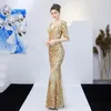 Party Dresses Gold Sequined Pets Up V Neck Backless Half Sleeve Long Mermaid Women Fashion Elegant Cocktail Dress Sexig Club 2023