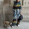 여자 2 피스 팬츠 캐주얼 스포츠웨어 정장 복고풍 패턴 여성 느슨한 의상 패션 반 하이 칼라 긴 소매 스웨트 셔츠와 바지 s