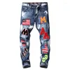 Men's Jeans Men's USA Flag Patchwork Badge Blue Denim Slim Fit Straight Letters Painted Flocking Long Pants Trousers